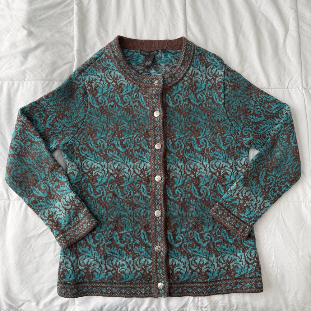 Nomadic Traders Fair isle Cardigan Sweater L Blue Ombré Silver Button Nordic Ski